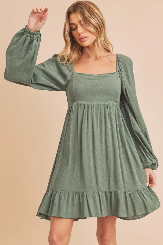 Aemi   Co Taya Squared Neck Long Sleeve Ruffle Dress
