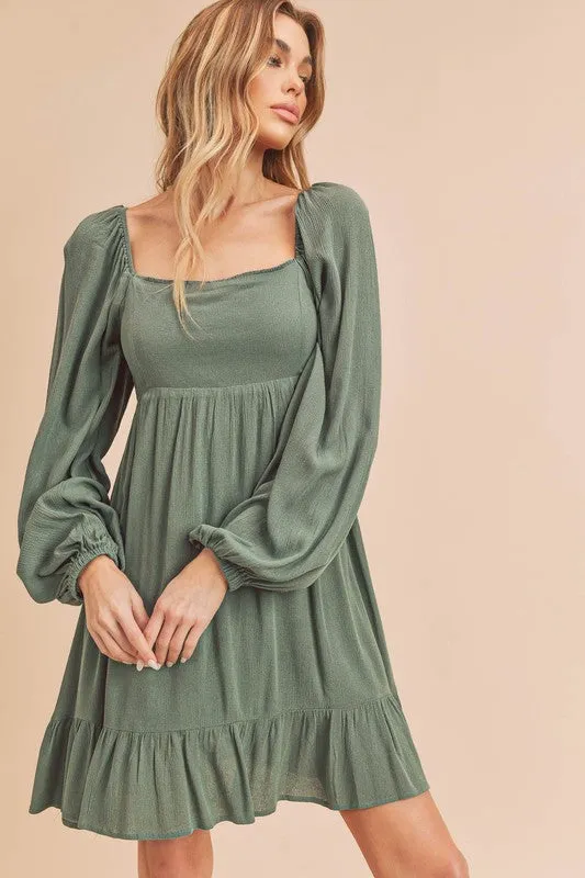 Aemi   Co Taya Squared Neck Long Sleeve Ruffle Dress