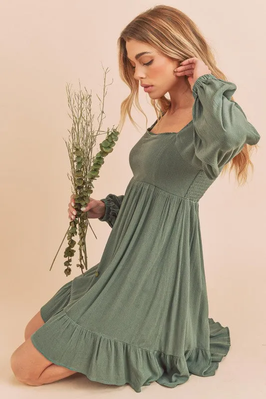 Aemi   Co Taya Squared Neck Long Sleeve Ruffle Dress