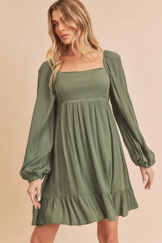 Aemi   Co Taya Squared Neck Long Sleeve Ruffle Dress