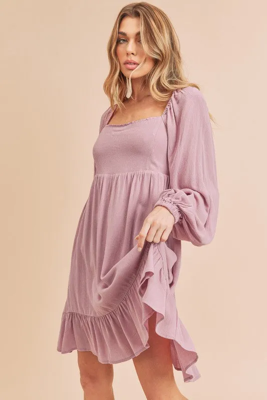 Aemi   Co Taya Squared Neck Long Sleeve Ruffle Dress