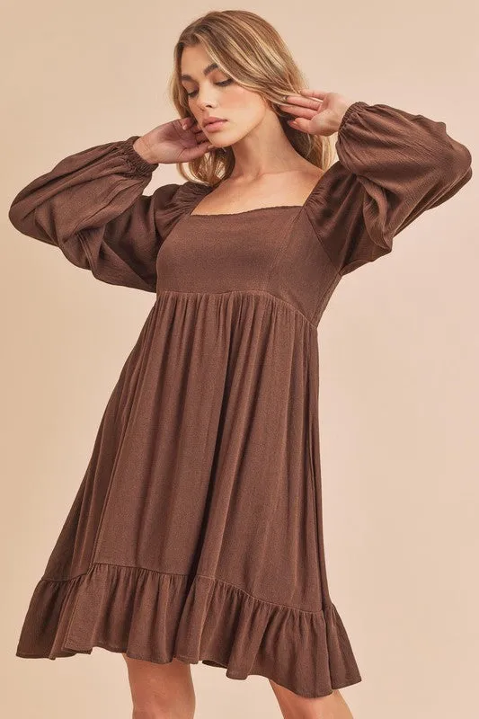Aemi   Co Taya Squared Neck Long Sleeve Ruffle Dress