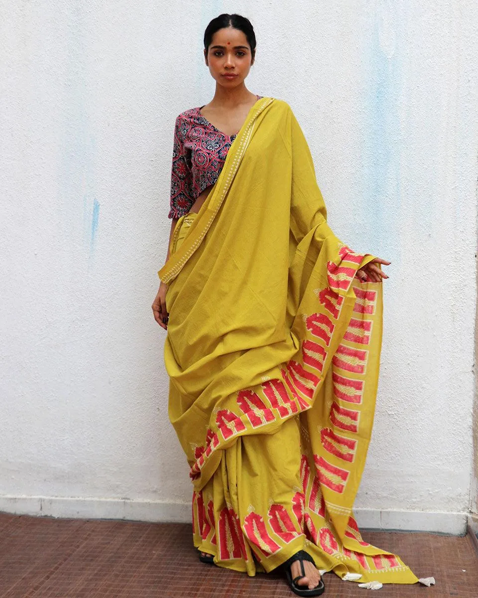 Apricot Sun Mustard Yellow Handblock Printed Cotton Saree