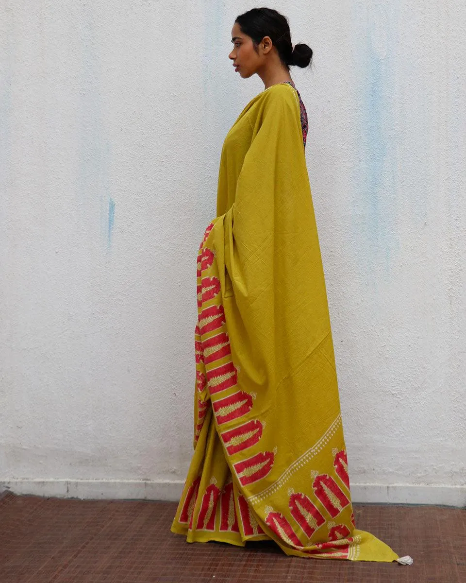 Apricot Sun Mustard Yellow Handblock Printed Cotton Saree