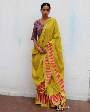 Apricot Sun Mustard Yellow Handblock Printed Cotton Saree
