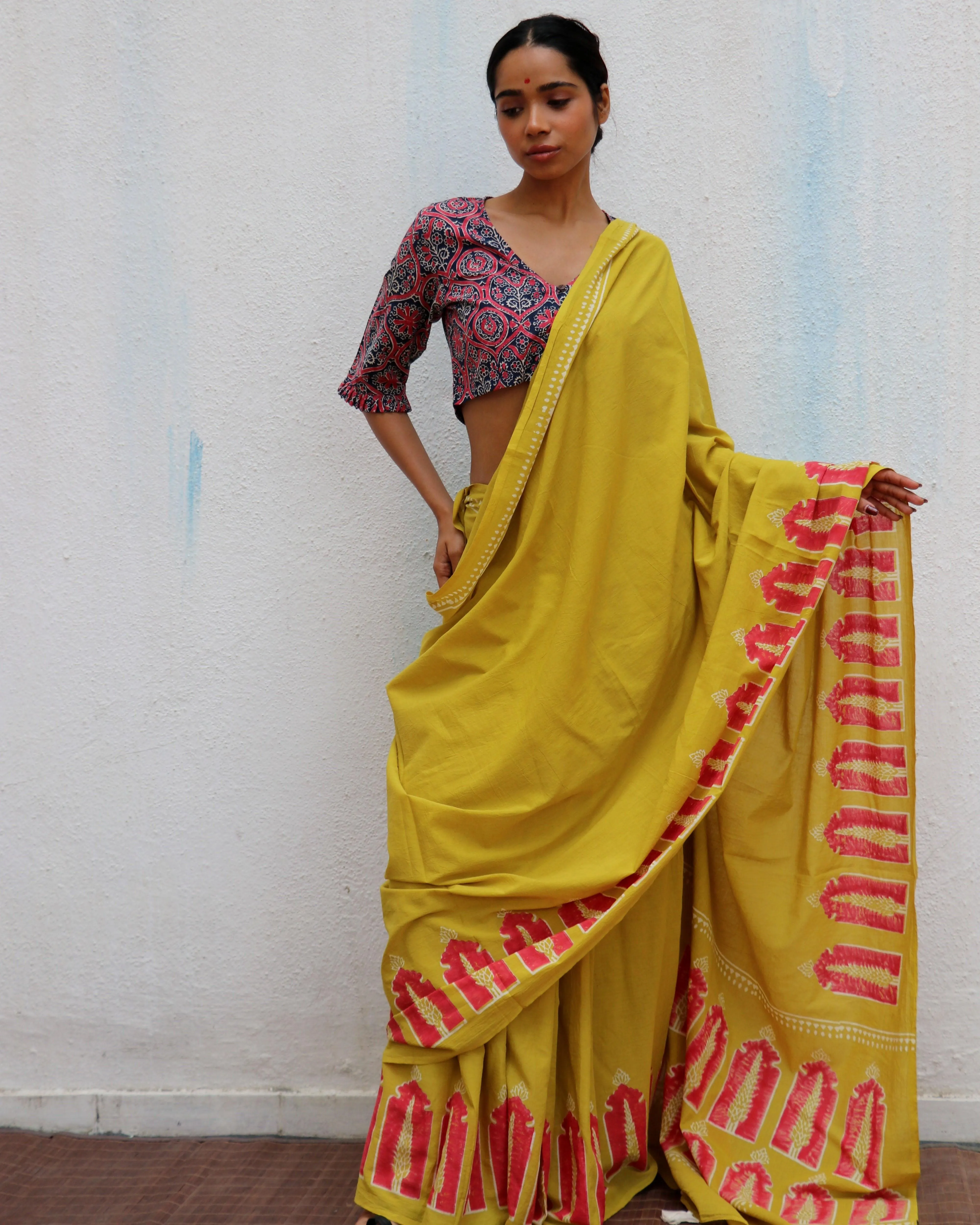 Apricot Sun Mustard Yellow Handblock Printed Cotton Saree
