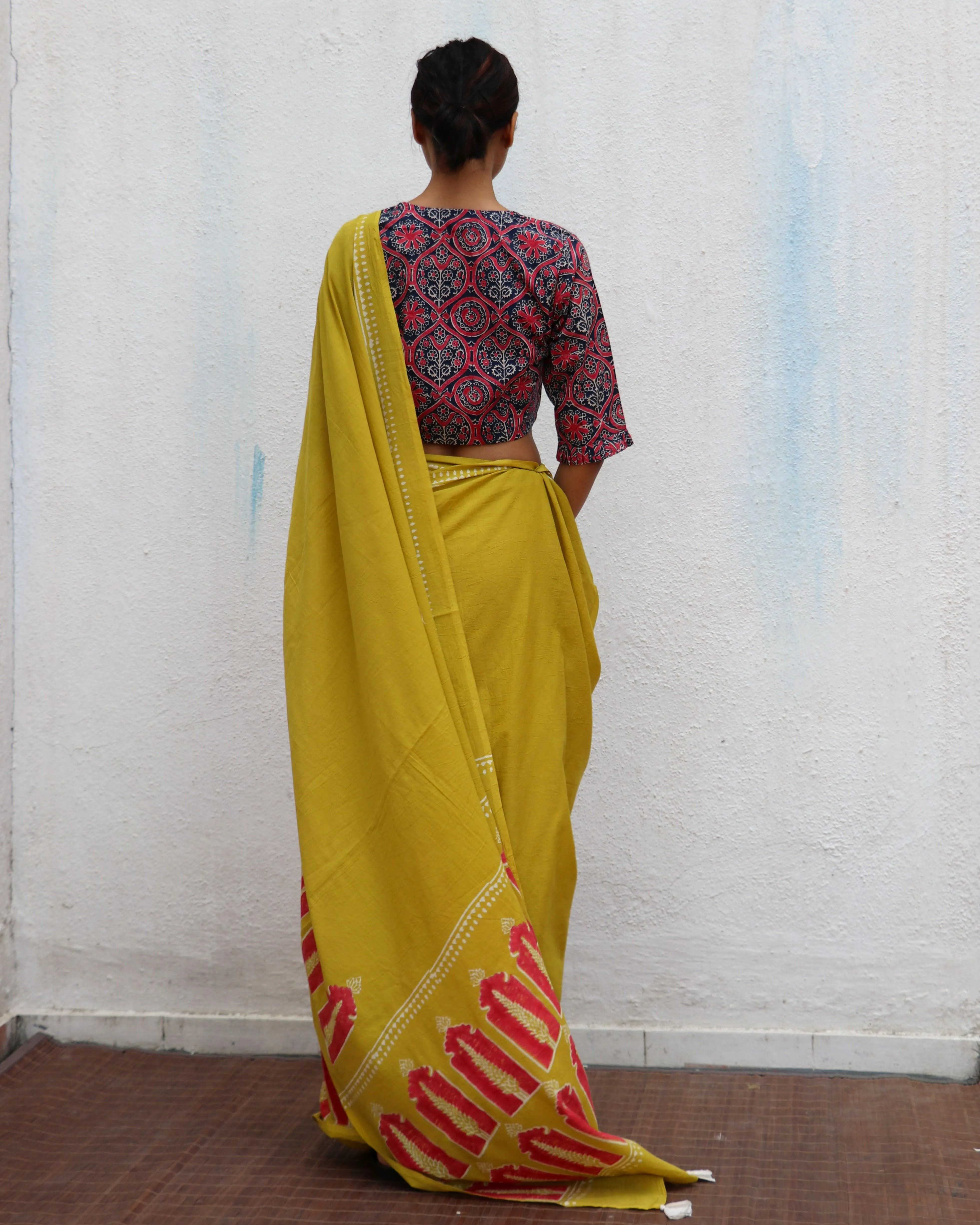 Apricot Sun Mustard Yellow Handblock Printed Cotton Saree