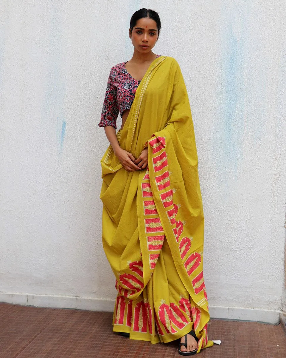 Apricot Sun Mustard Yellow Handblock Printed Cotton Saree
