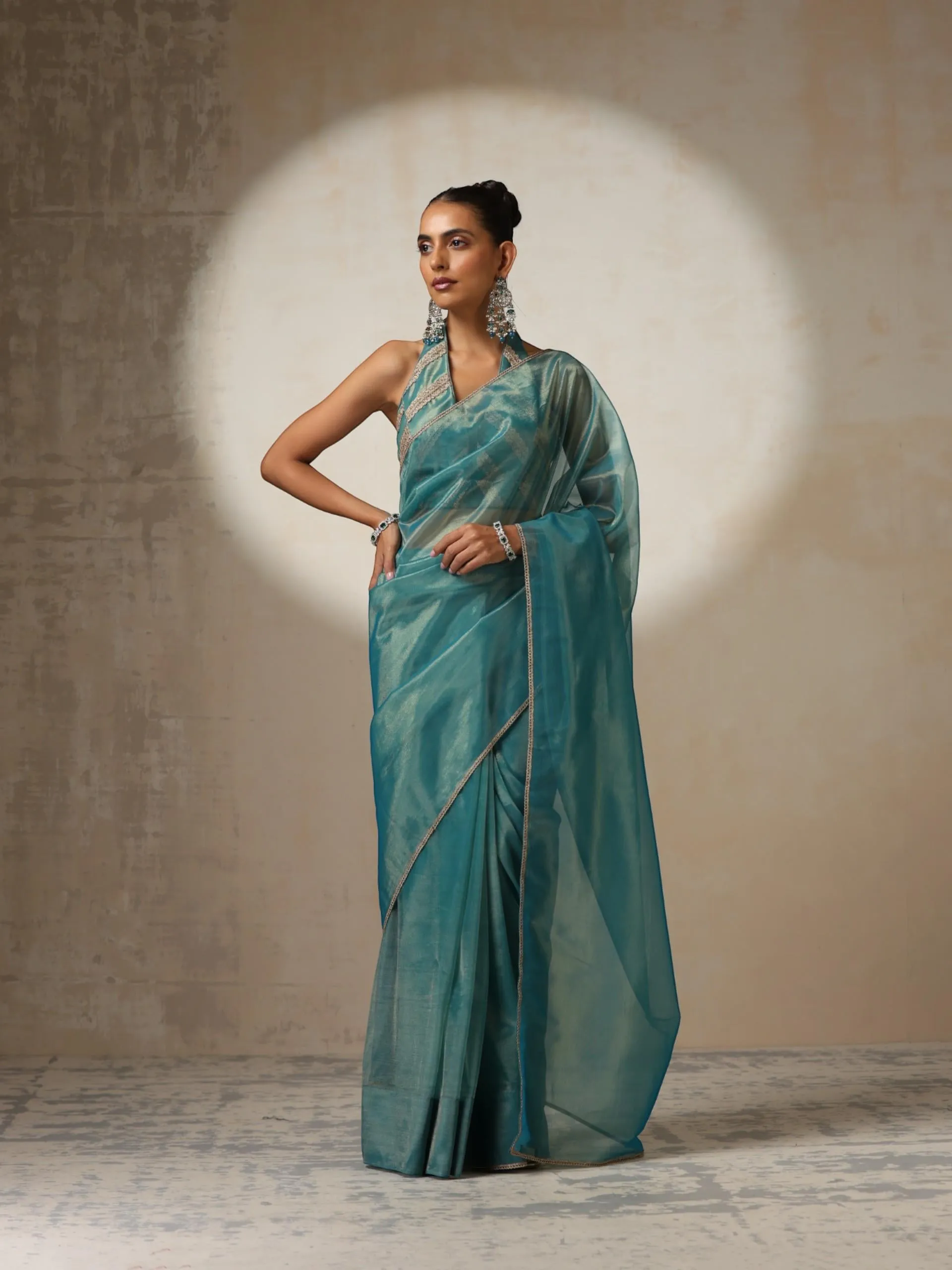 Blue Gold Soft Organza Saree with Blouse Fabric and Lace