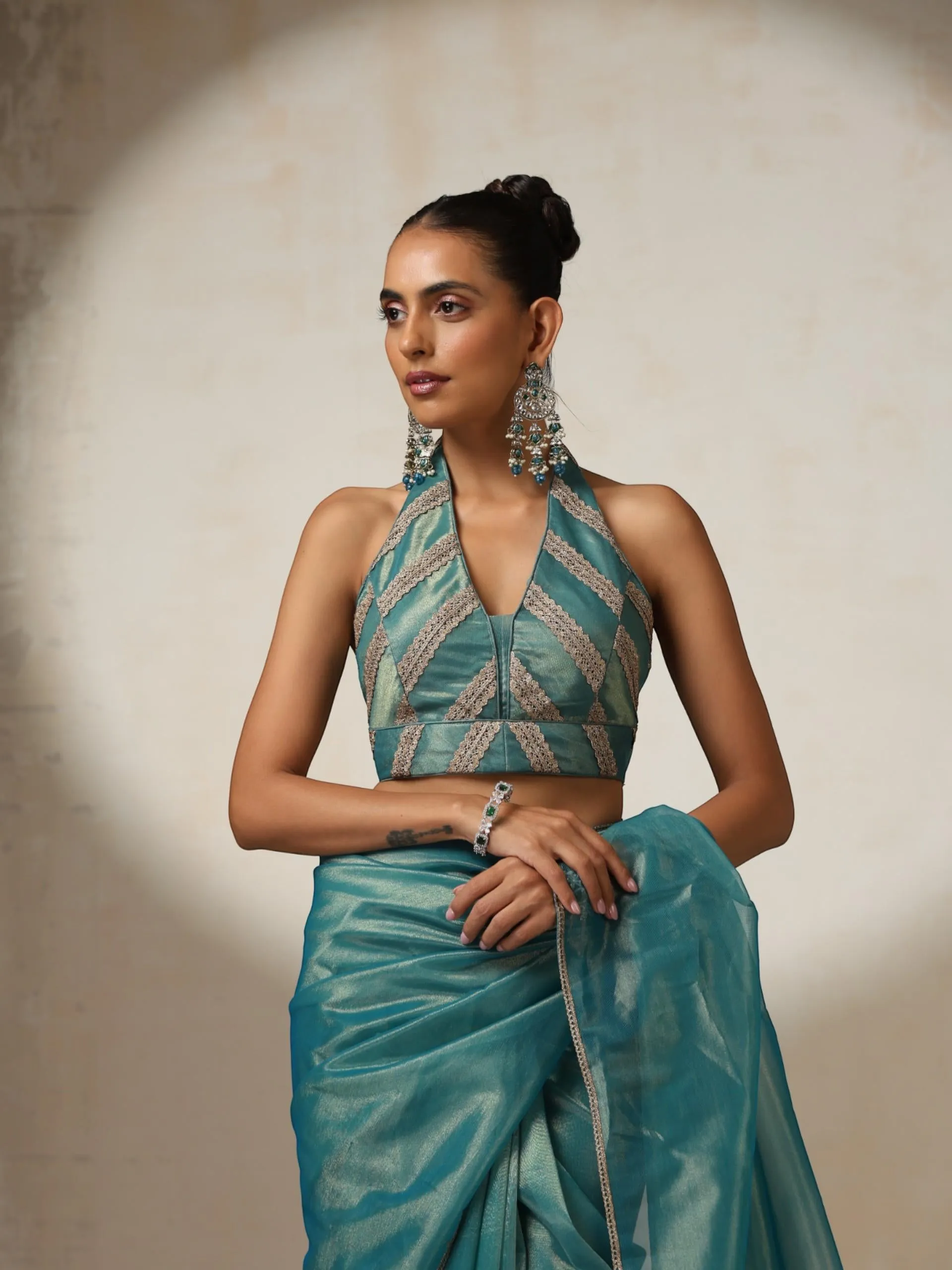 Blue Gold Soft Organza Saree with Blouse Fabric and Lace