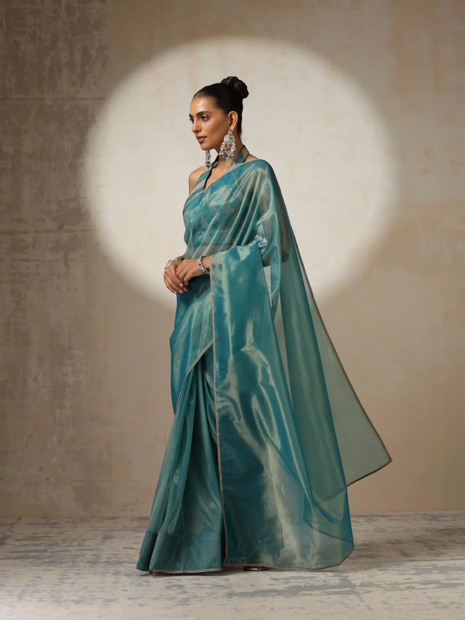 Blue Gold Soft Organza Saree with Blouse Fabric and Lace