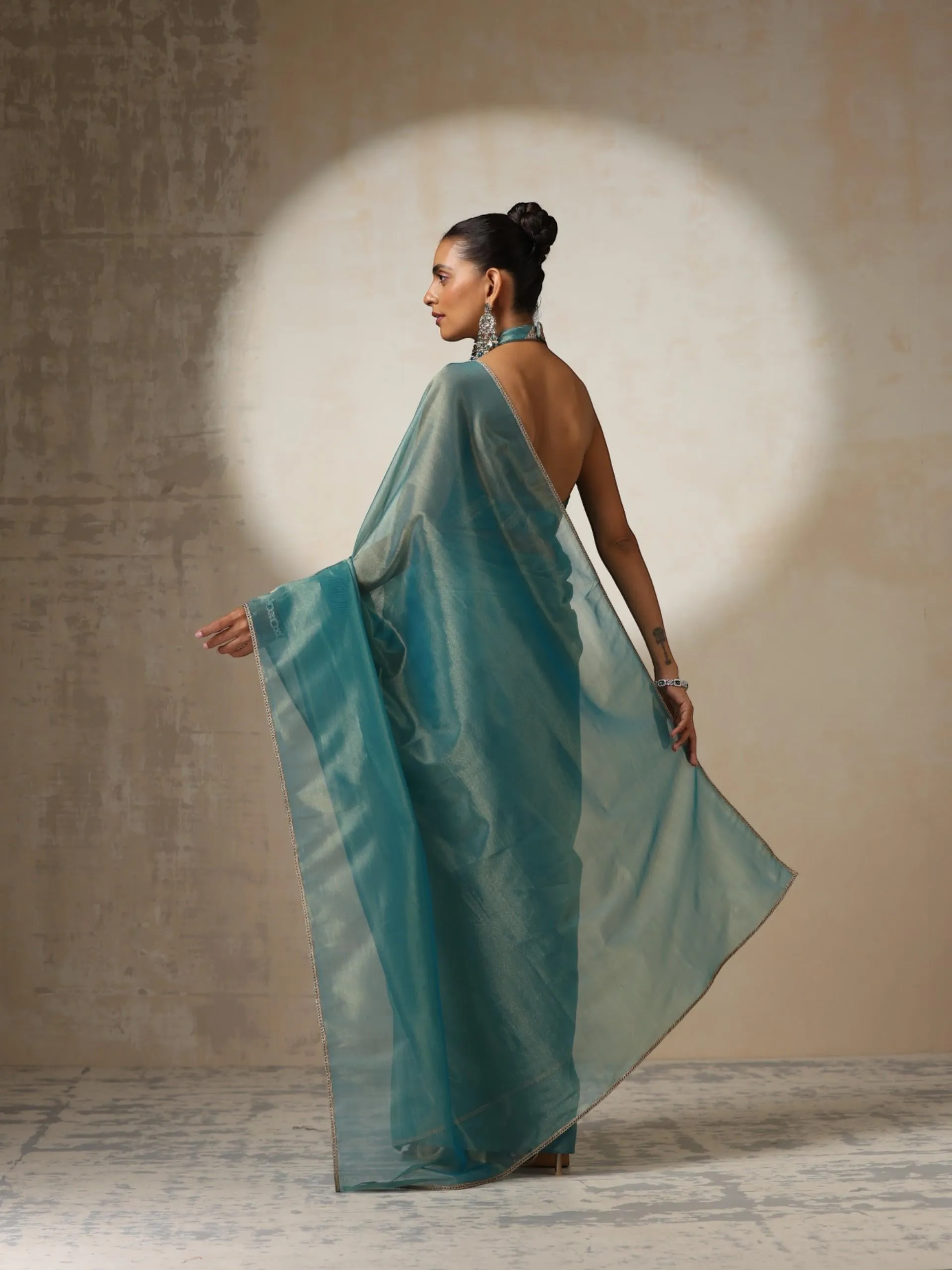Blue Gold Soft Organza Saree with Blouse Fabric and Lace