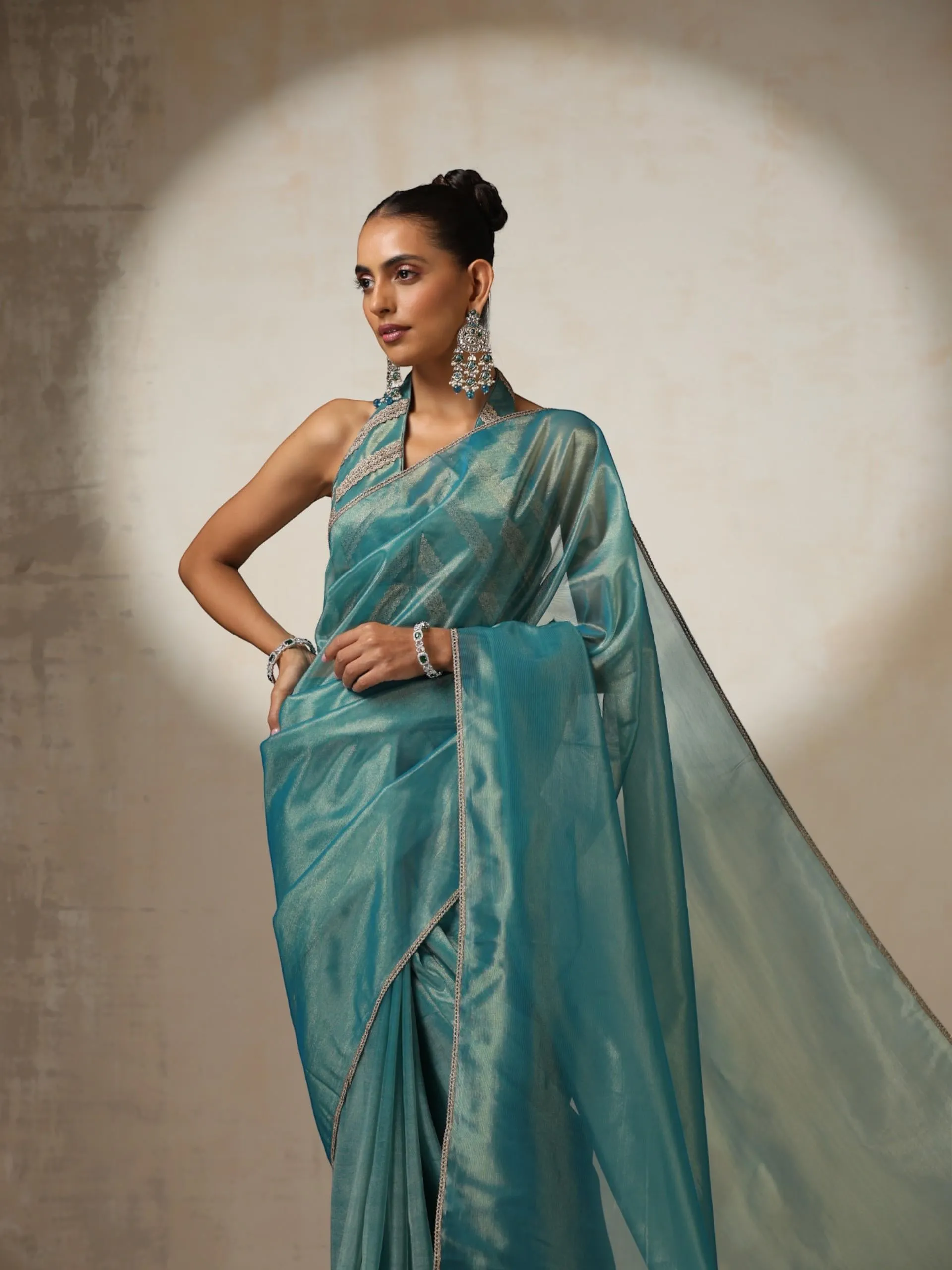 Blue Gold Soft Organza Saree with Blouse Fabric and Lace