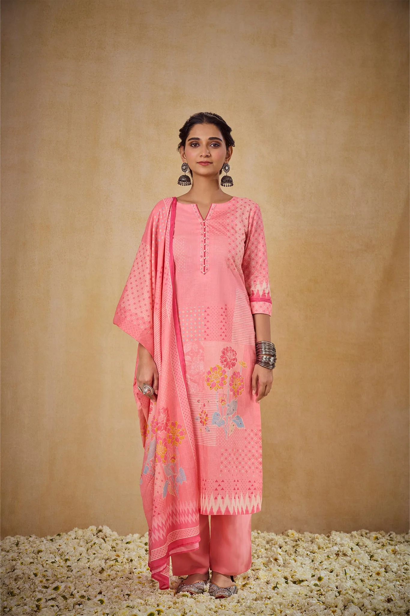 Blush Pink Floral Printed Super Cotton Kurta Set with Dupatta
