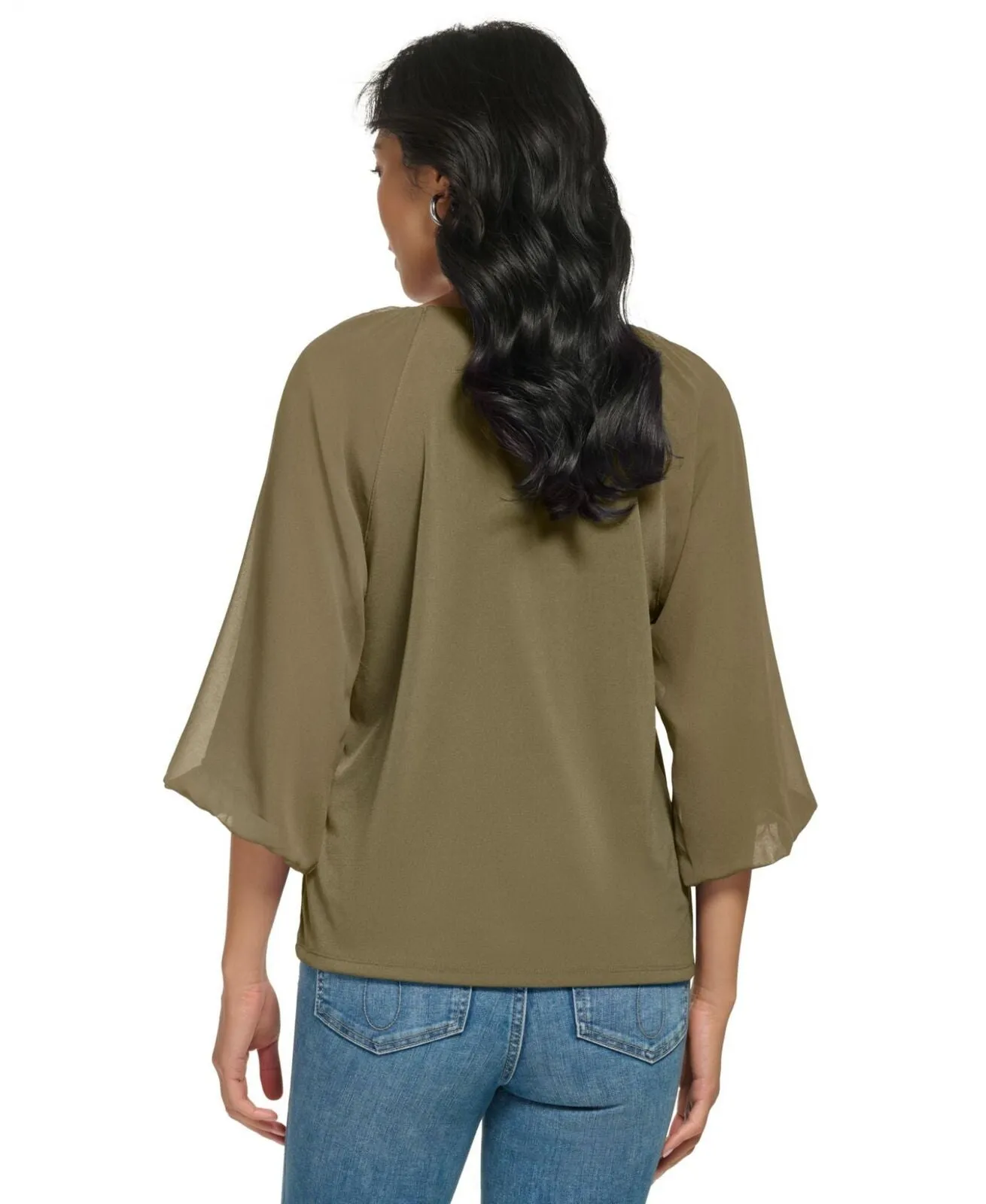 Calvin Klein Womens 3/4 Chiffon Sleeve Blouse Caper Green See Measurements