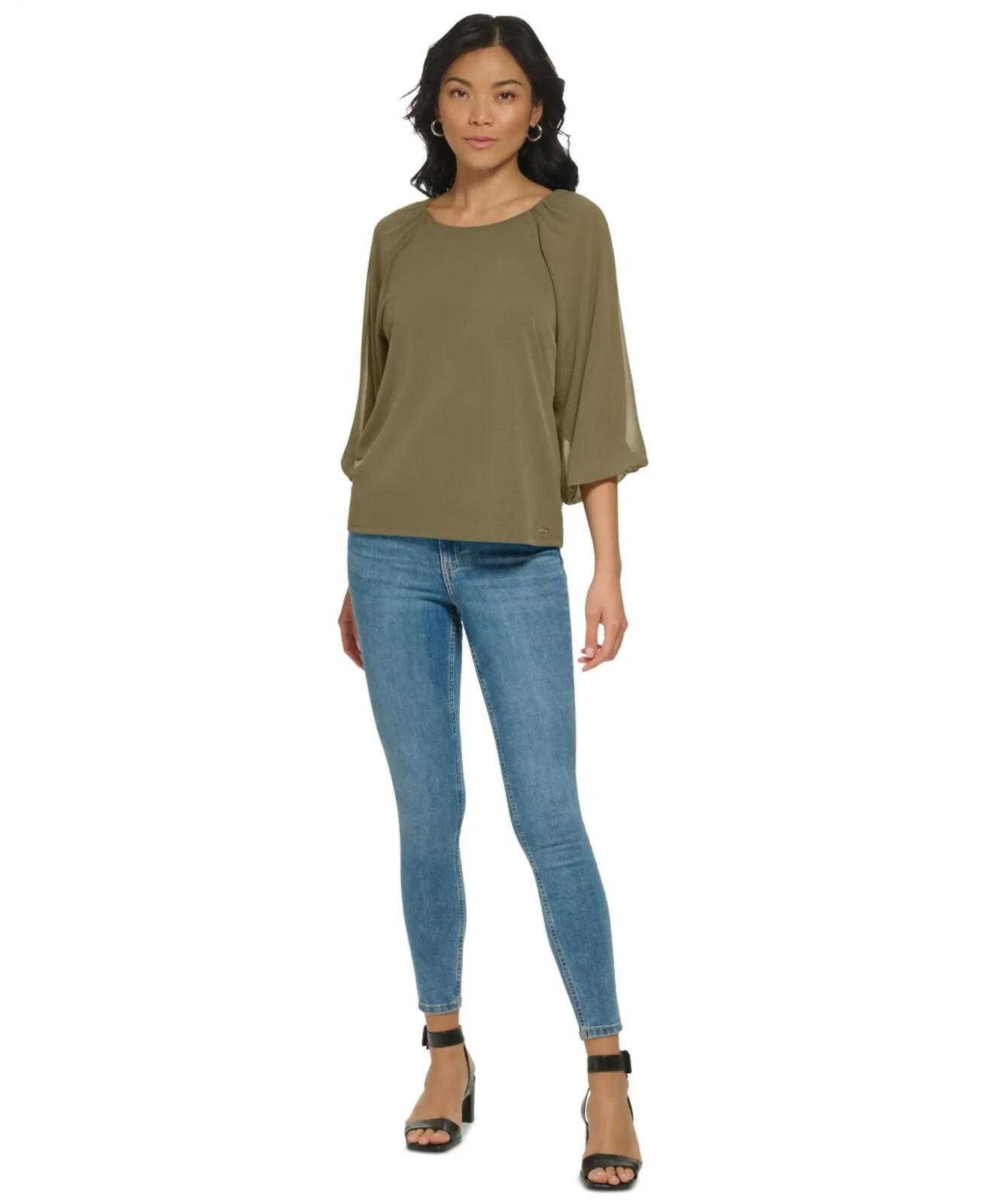 Calvin Klein Womens 3/4 Chiffon Sleeve Blouse Caper Green See Measurements