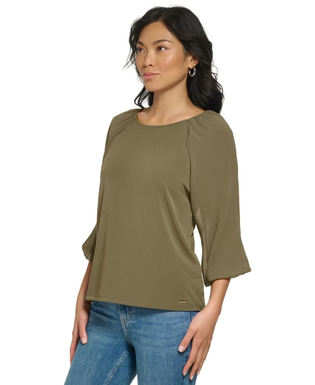 Calvin Klein Womens 3/4 Chiffon Sleeve Blouse Caper Green See Measurements