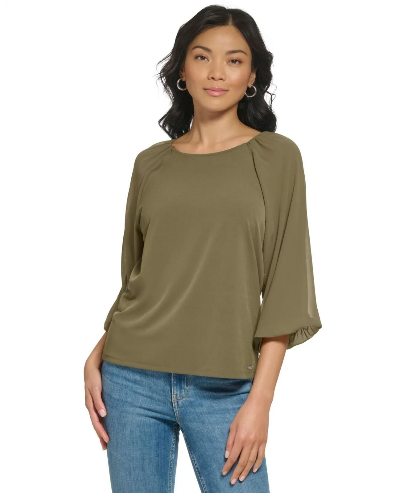 Calvin Klein Womens 3/4 Chiffon Sleeve Blouse Caper Green See Measurements