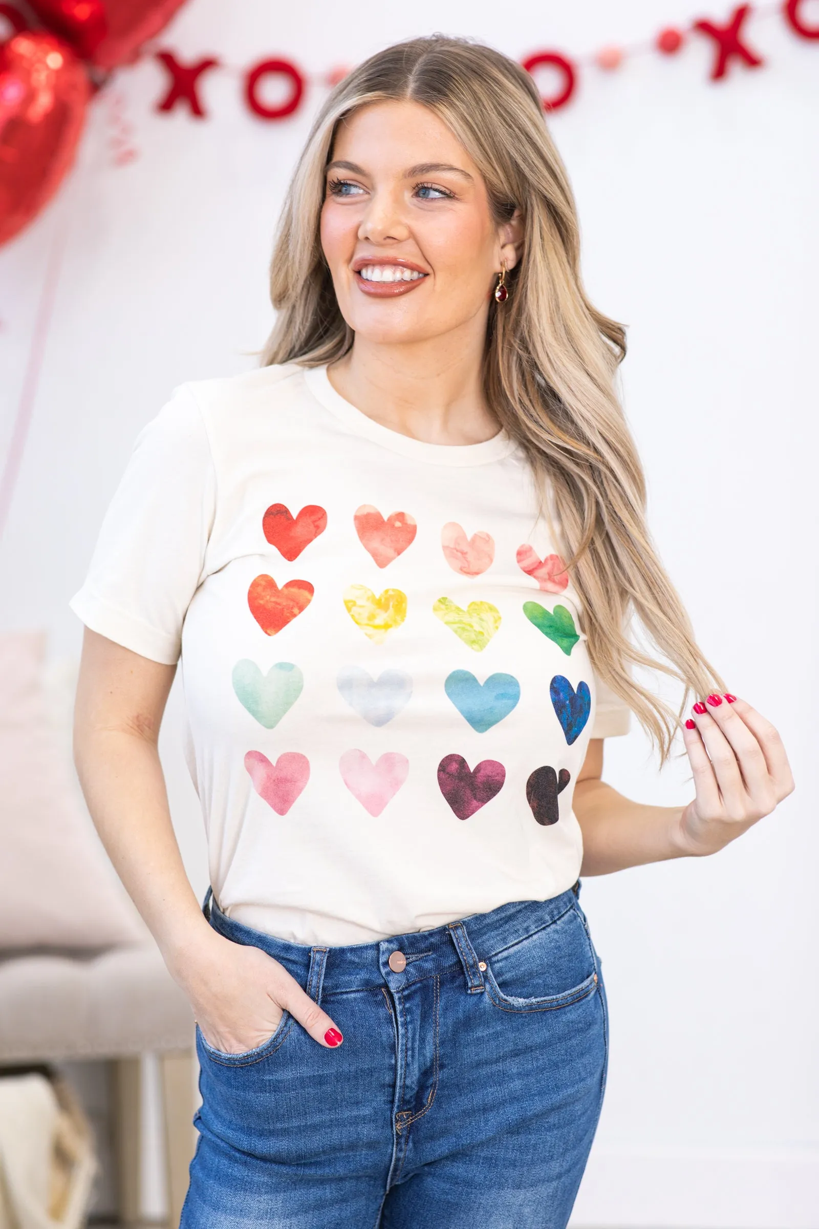 Cream Rainbow Heart Grid Graphic Top