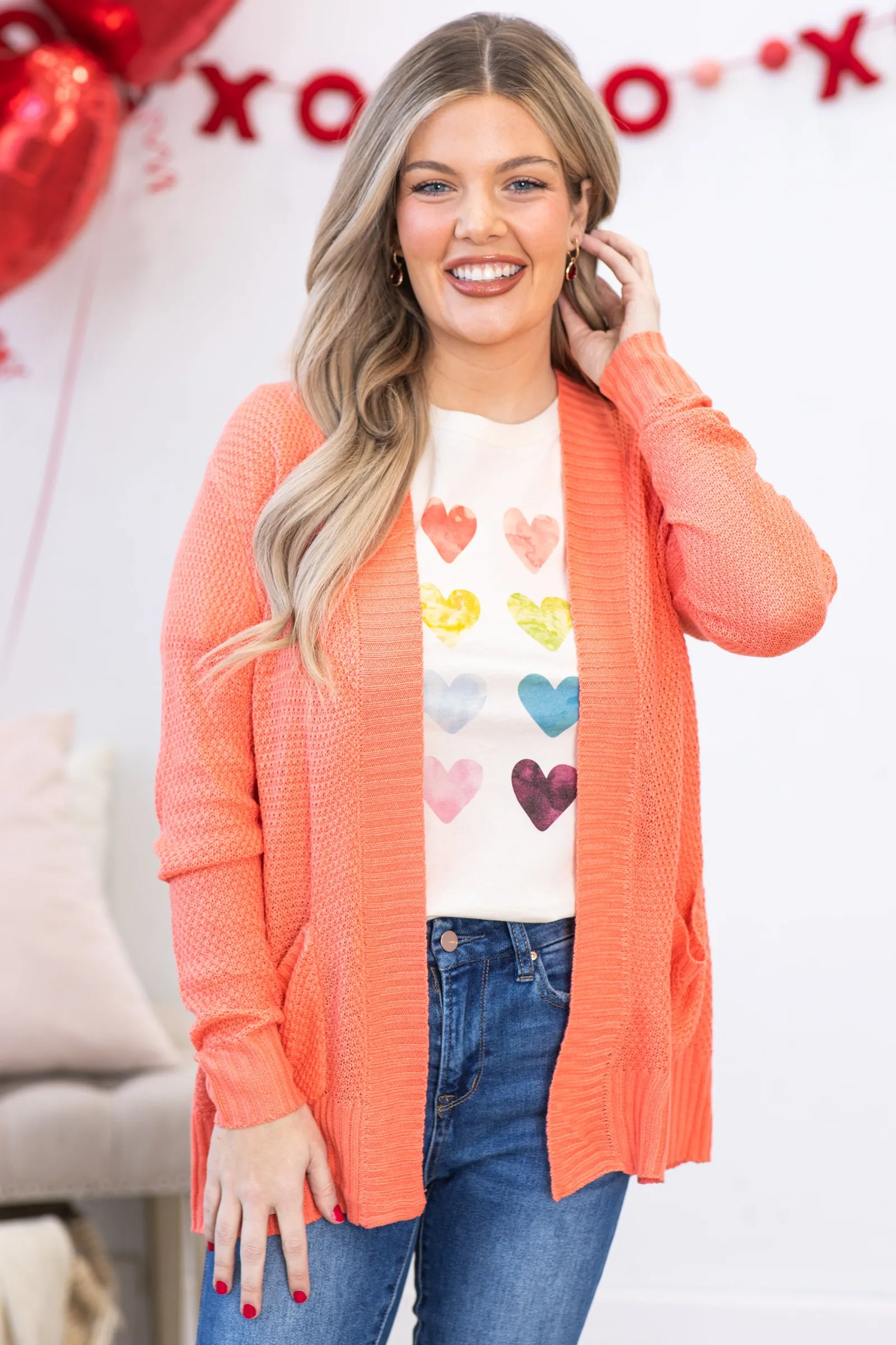 Cream Rainbow Heart Grid Graphic Top