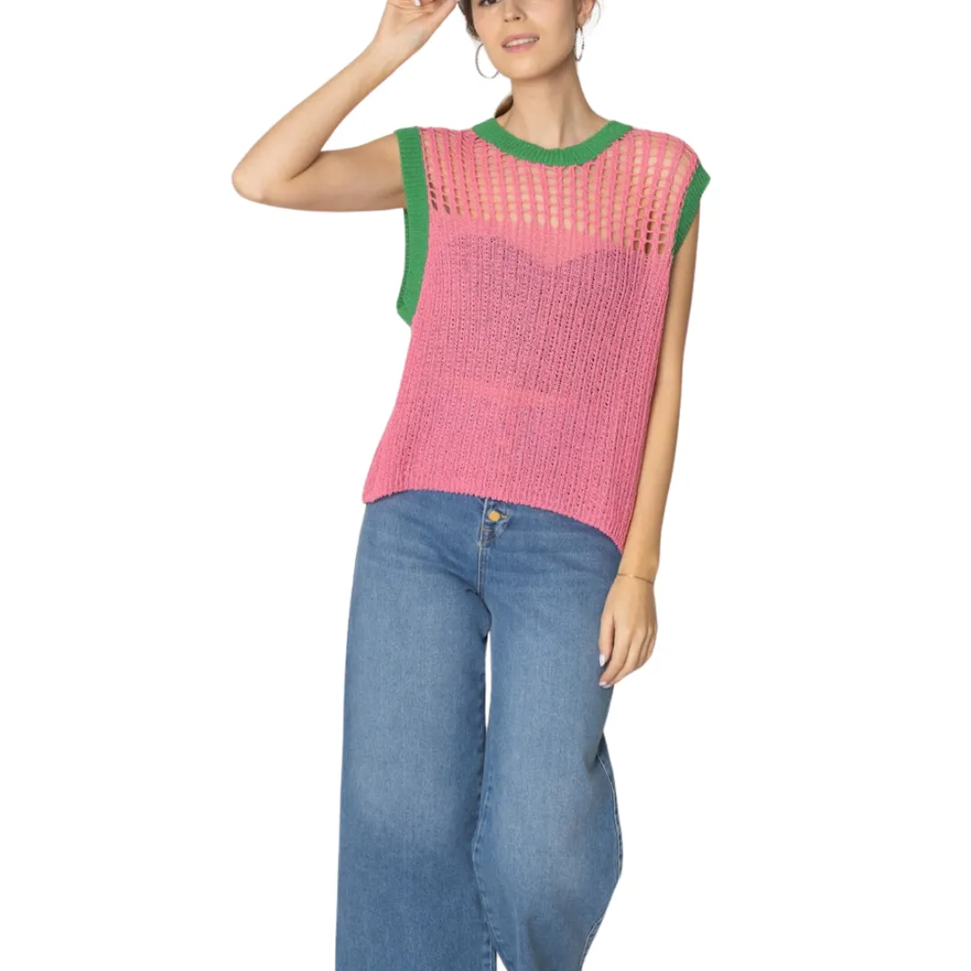 Crochet Pink and Green Pullover Top