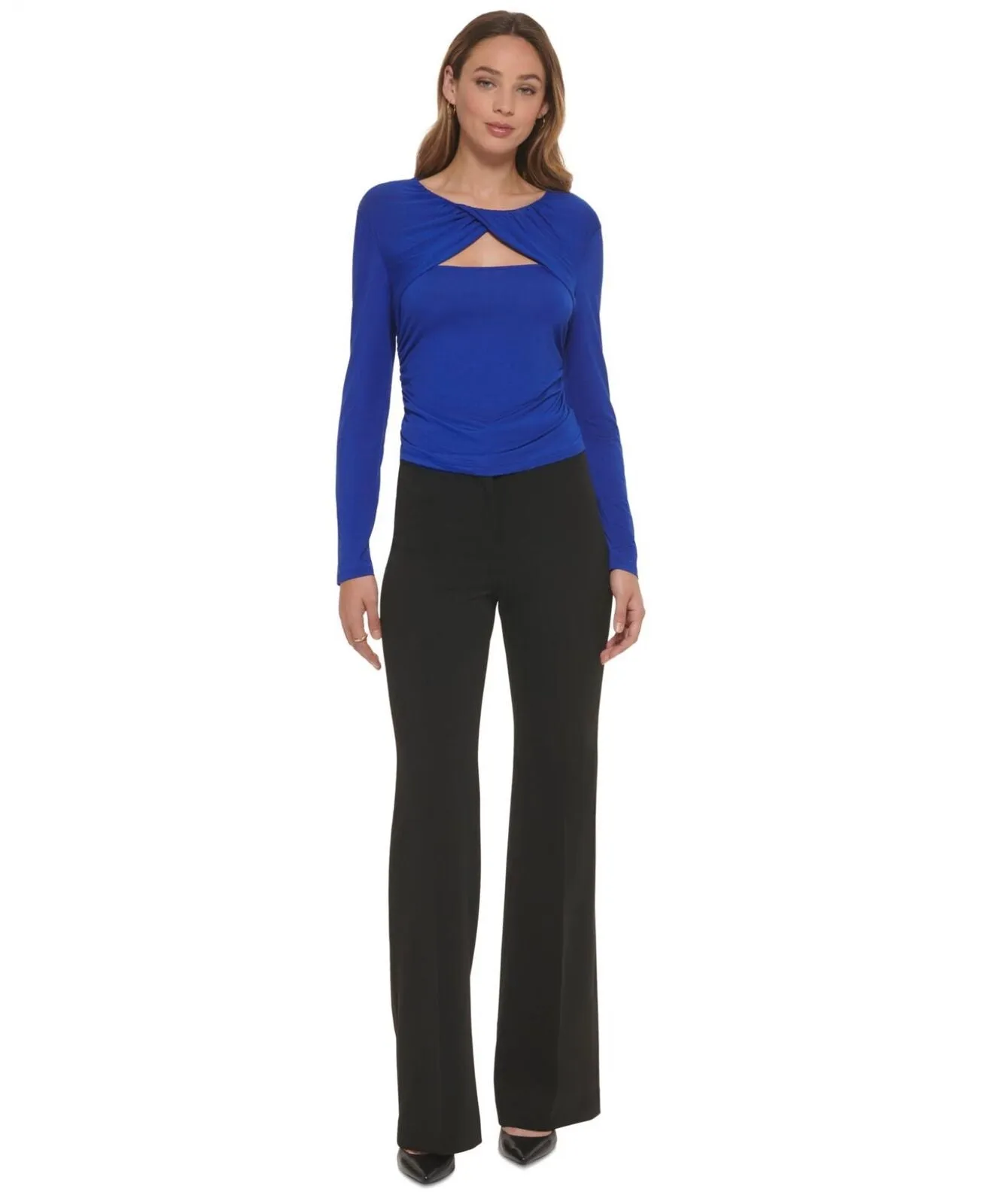 DKNY Women's Twist-Neck Cutout Long-Sleeve Knit Top P2JH8QLQ