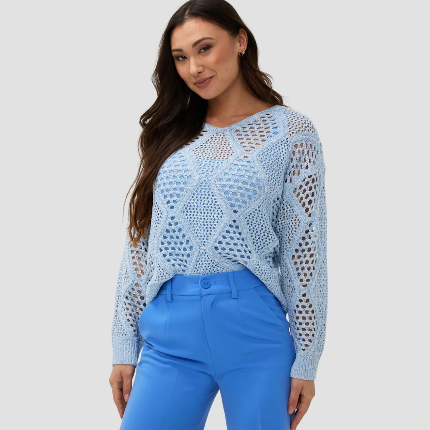 Esqualo Ajour Knit Sweater | Ivory / Sky Blue