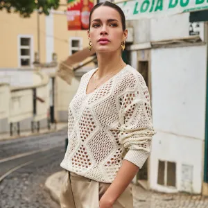 Esqualo Ajour Knit Sweater | Ivory / Sky Blue