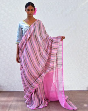 Evening Rose Handwoven Linen Zari Saree - Bgvl