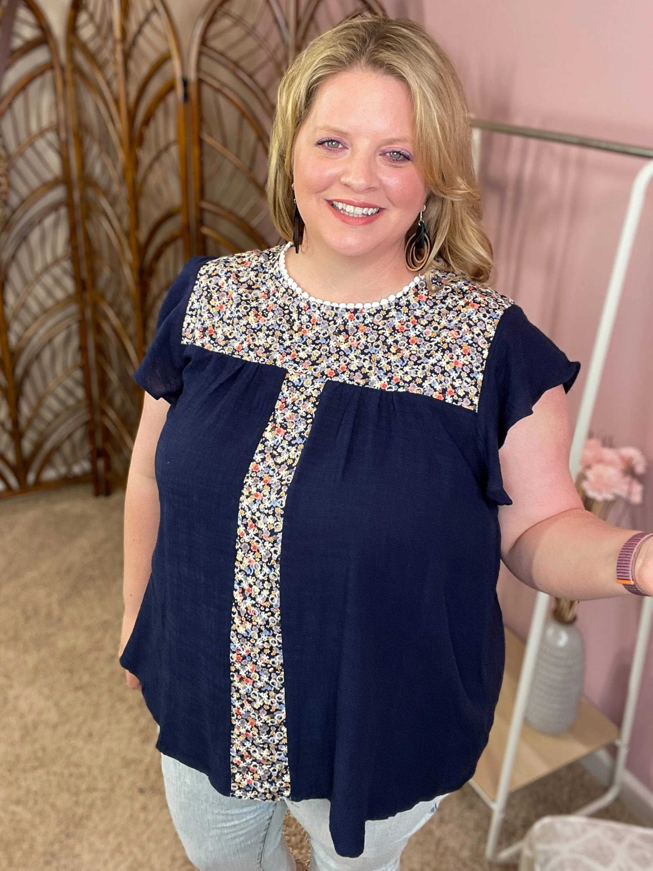 Feather Light Ruffle Sleeve Top - Navy Florals