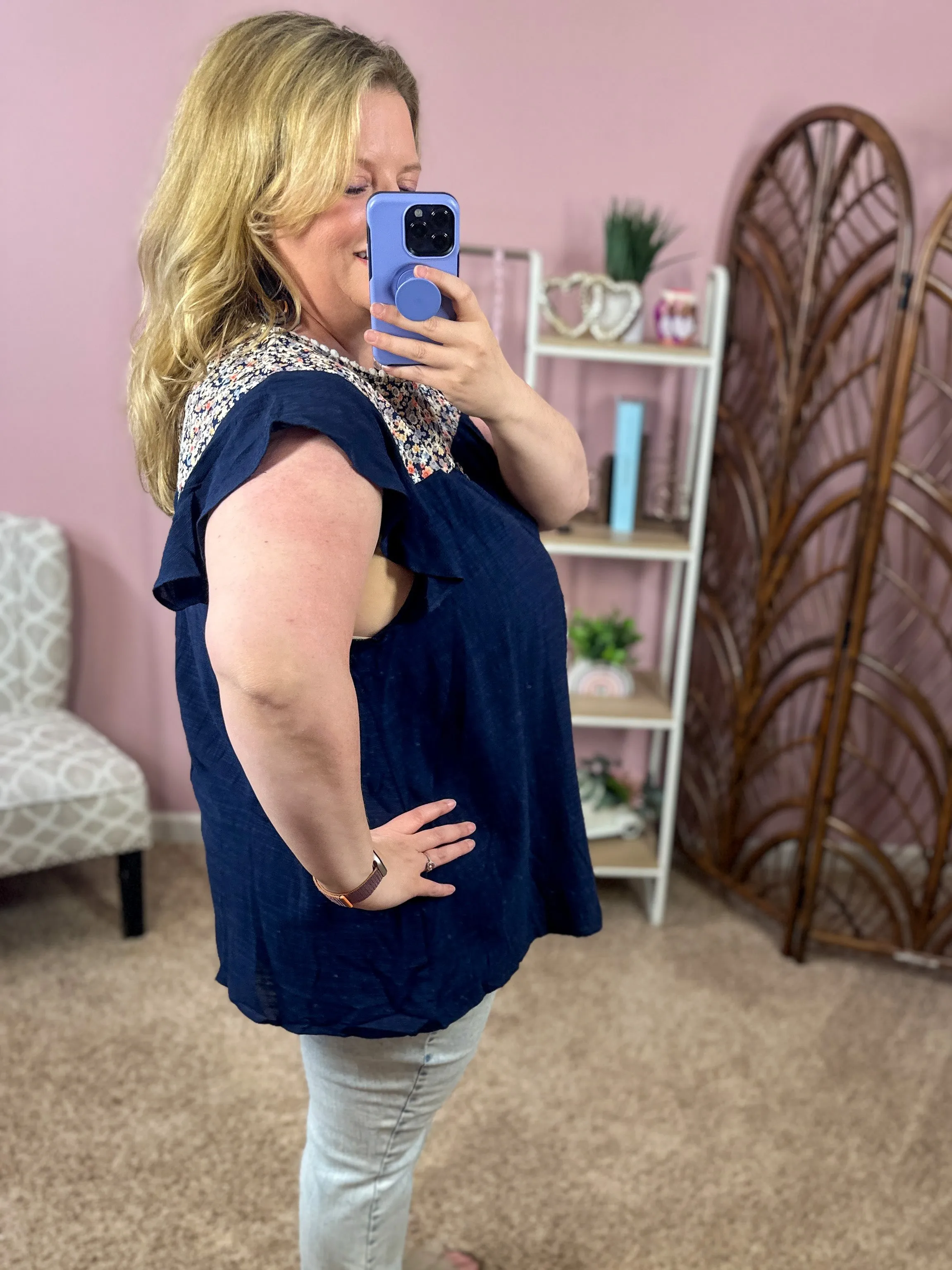 Feather Light Ruffle Sleeve Top - Navy Florals