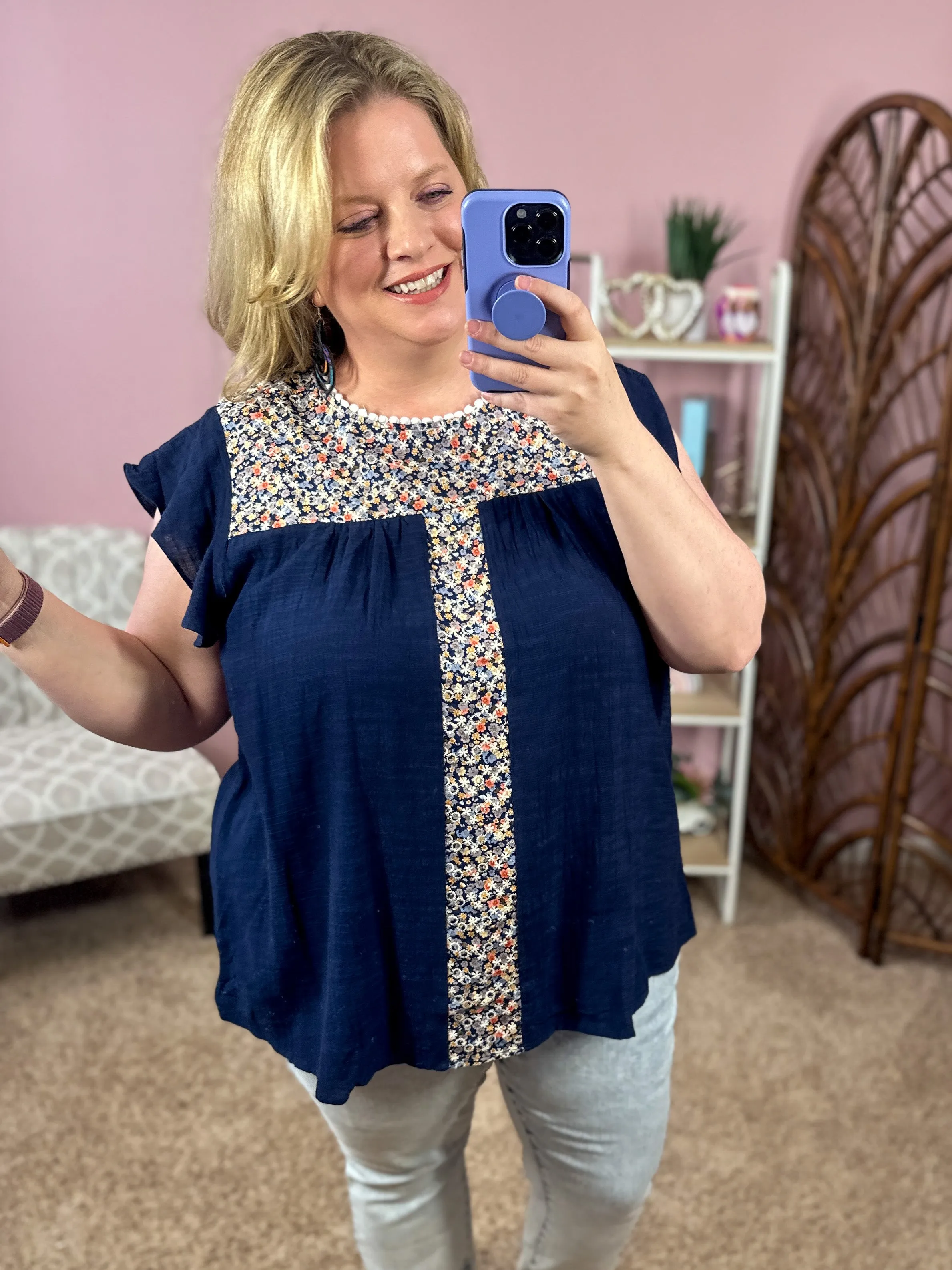 Feather Light Ruffle Sleeve Top - Navy Florals