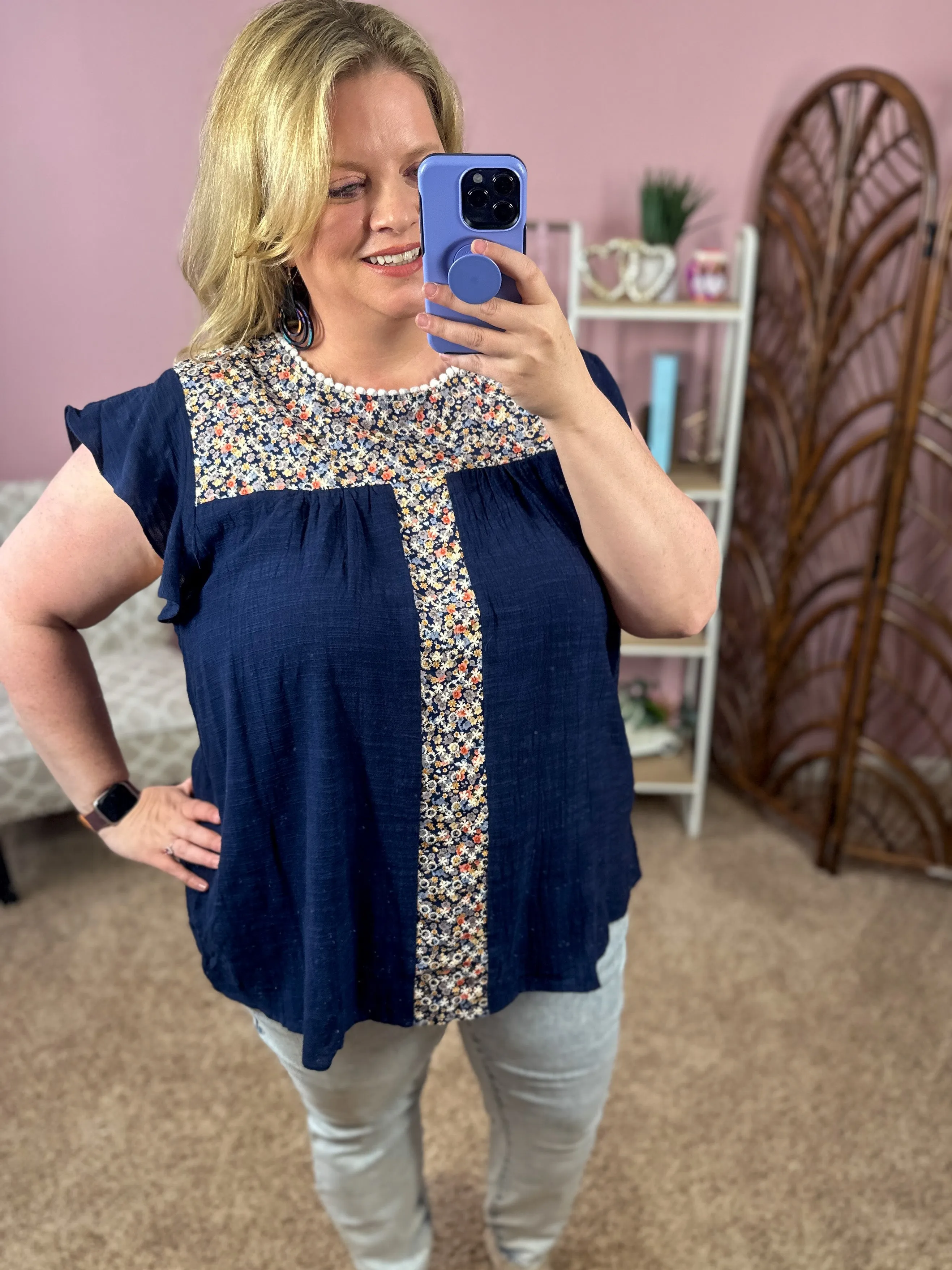 Feather Light Ruffle Sleeve Top - Navy Florals