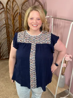Feather Light Ruffle Sleeve Top - Navy Florals
