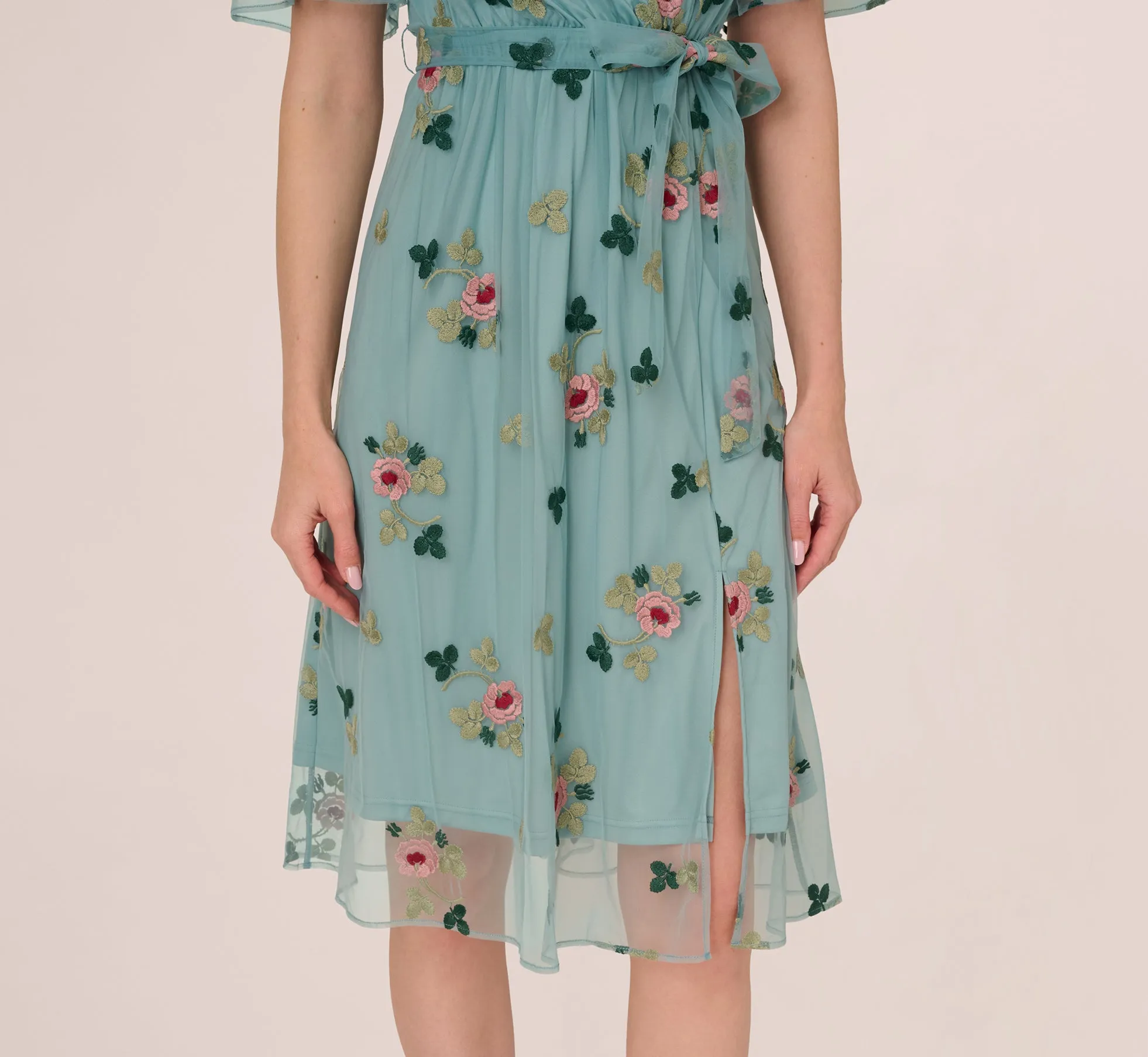 Flutter Sleeve Surplice Embroidered Midi Dress In Slate Multi