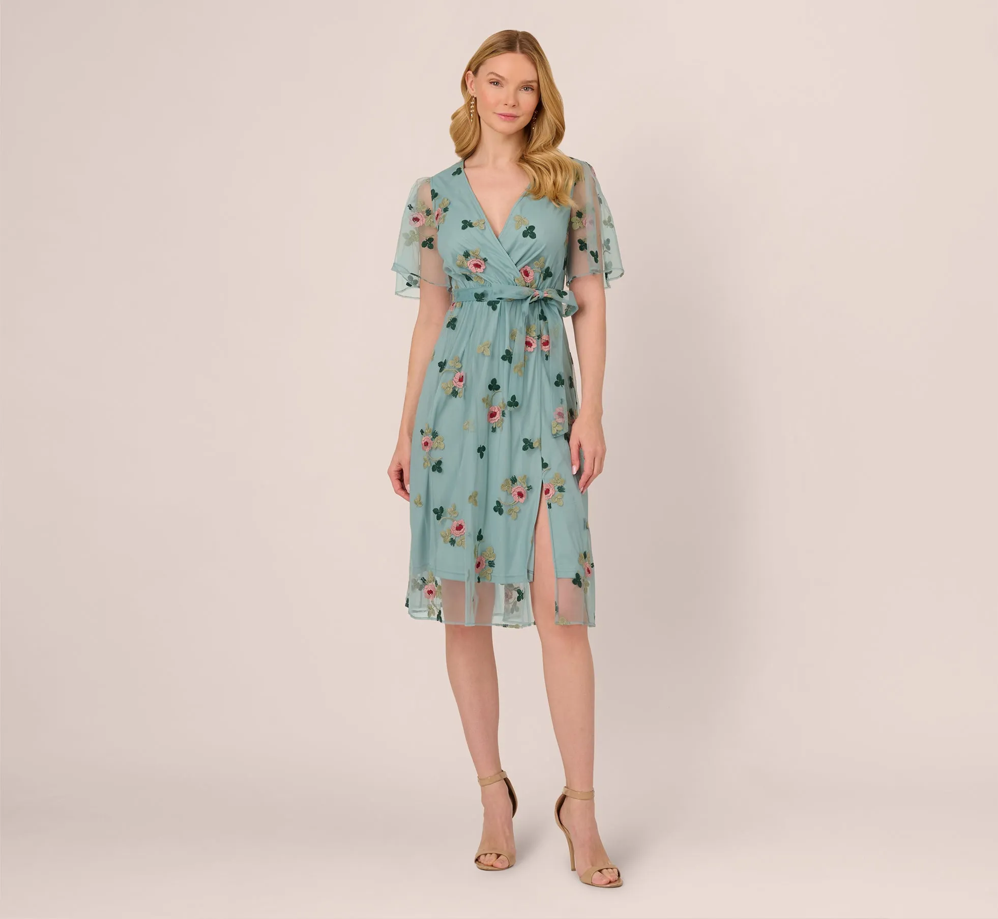 Flutter Sleeve Surplice Embroidered Midi Dress In Slate Multi