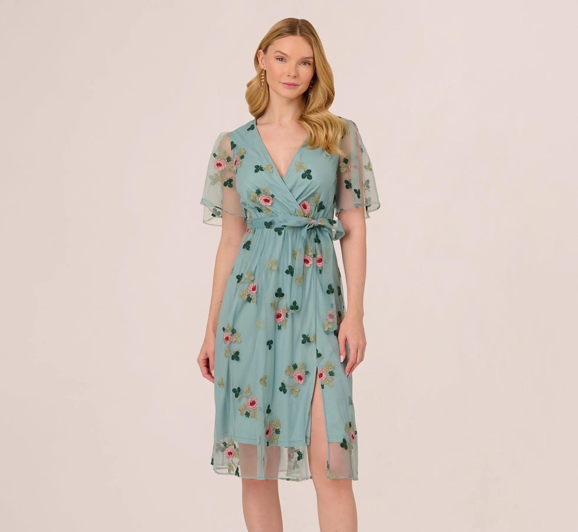Flutter Sleeve Surplice Embroidered Midi Dress In Slate Multi