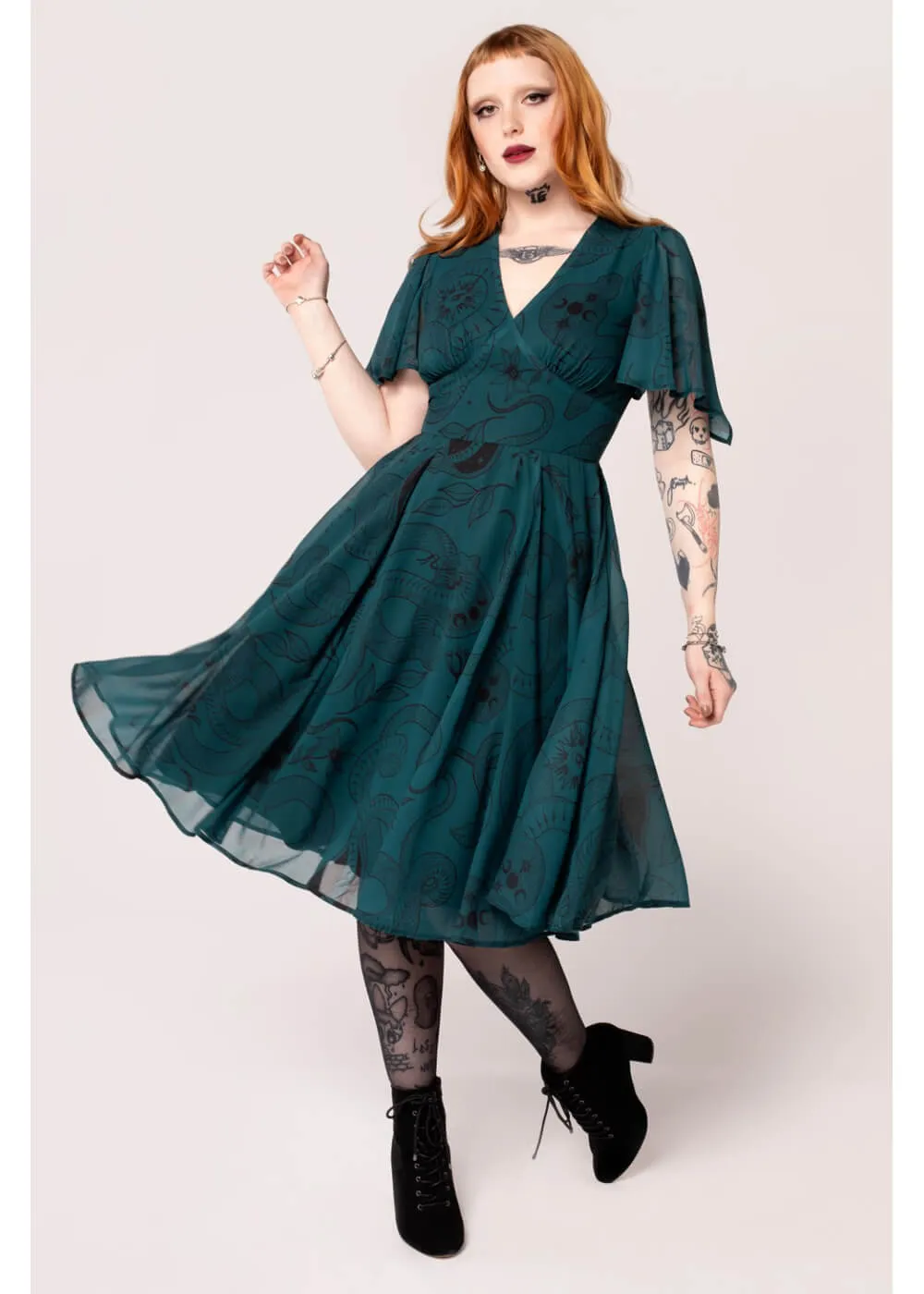 Hell Bunny Venom Snake 70's Midi Dress Green