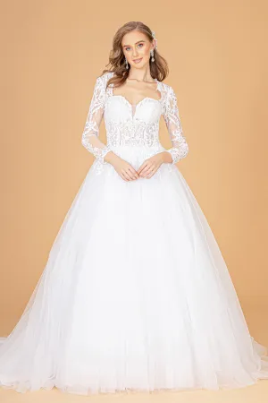 Illusion V-Neck Embroidered Mesh Wedding Gown w/ Sequin Lining