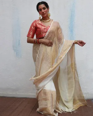 Indumukhi Handwoven Linen Zari Saree - Onam