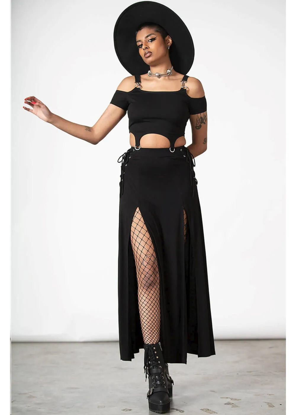 Killstar Hellverina Split Maxi Skirt Black