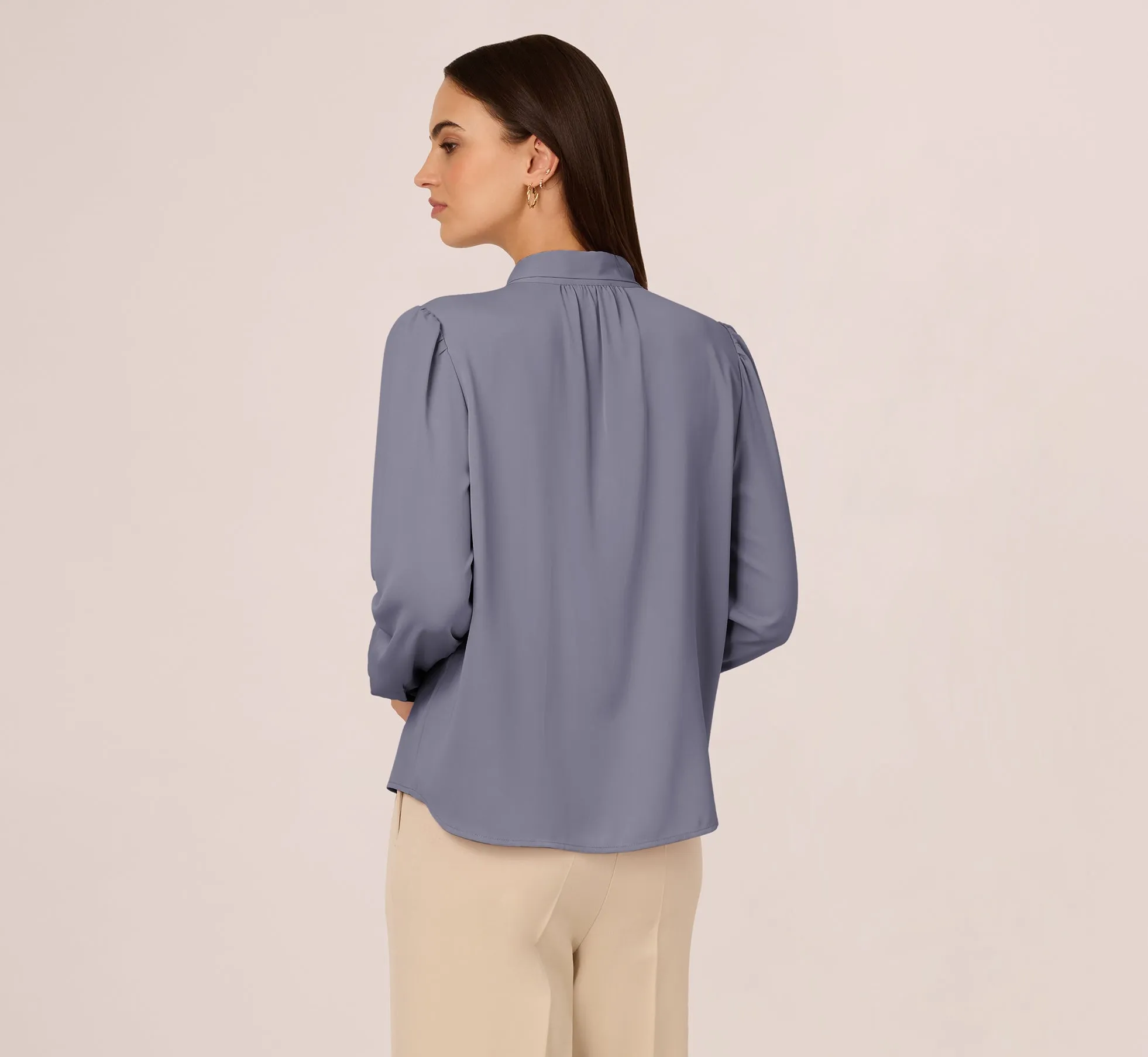 Long Sleeve Embellished Tie Collar Blouse In Dusty Blue
