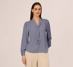 Long Sleeve Embellished Tie Collar Blouse In Dusty Blue