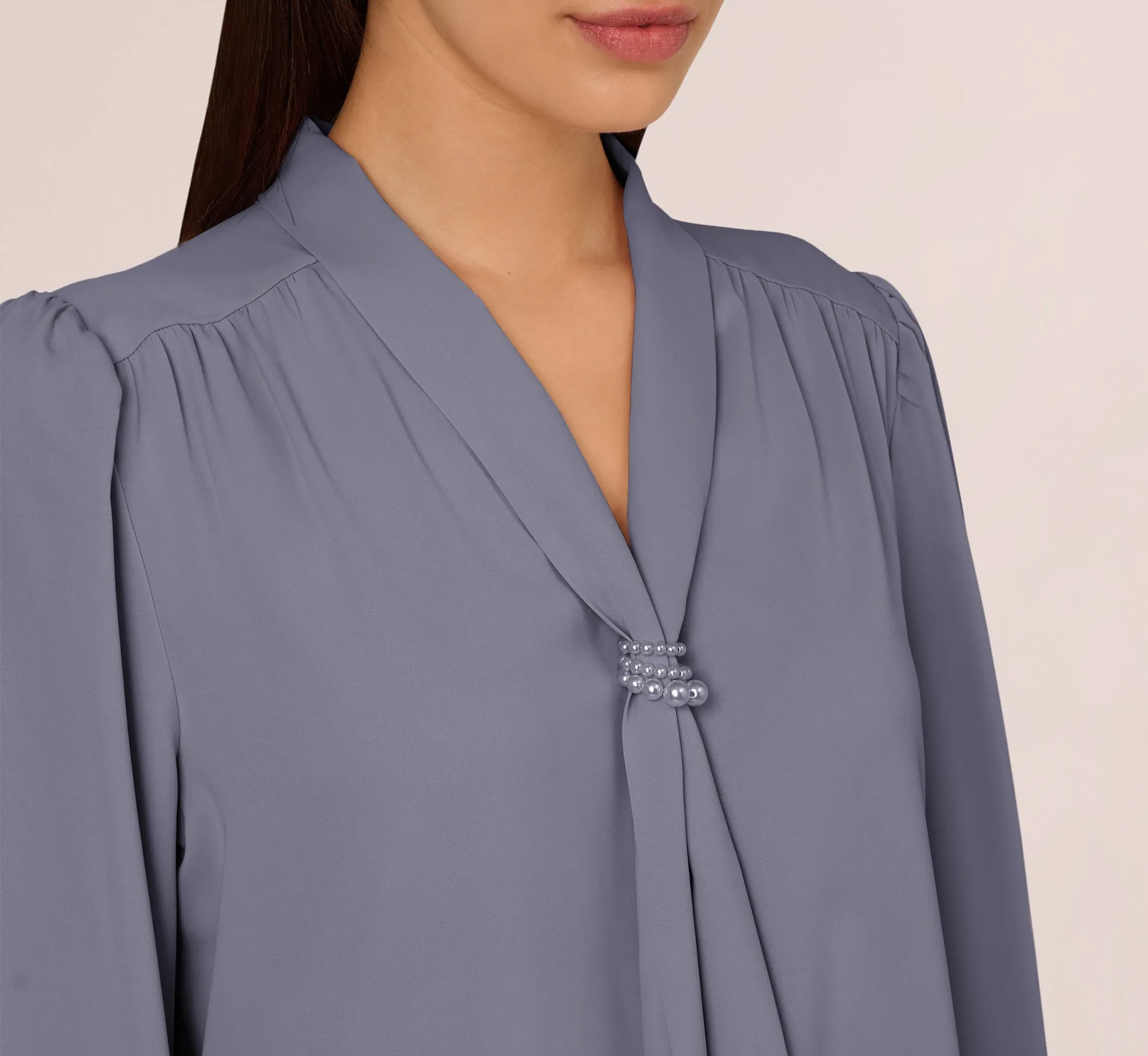 Long Sleeve Embellished Tie Collar Blouse In Dusty Blue