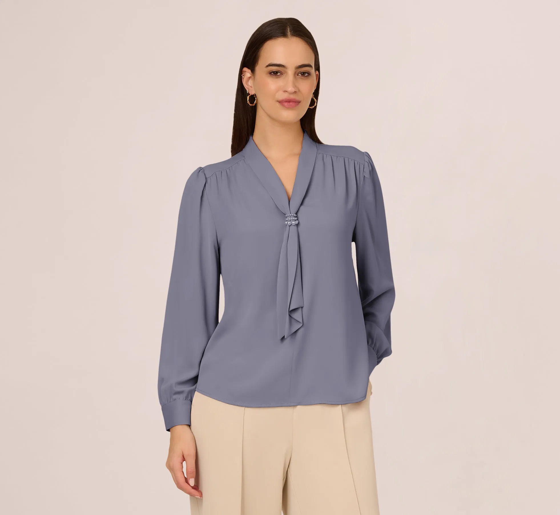 Long Sleeve Embellished Tie Collar Blouse In Dusty Blue
