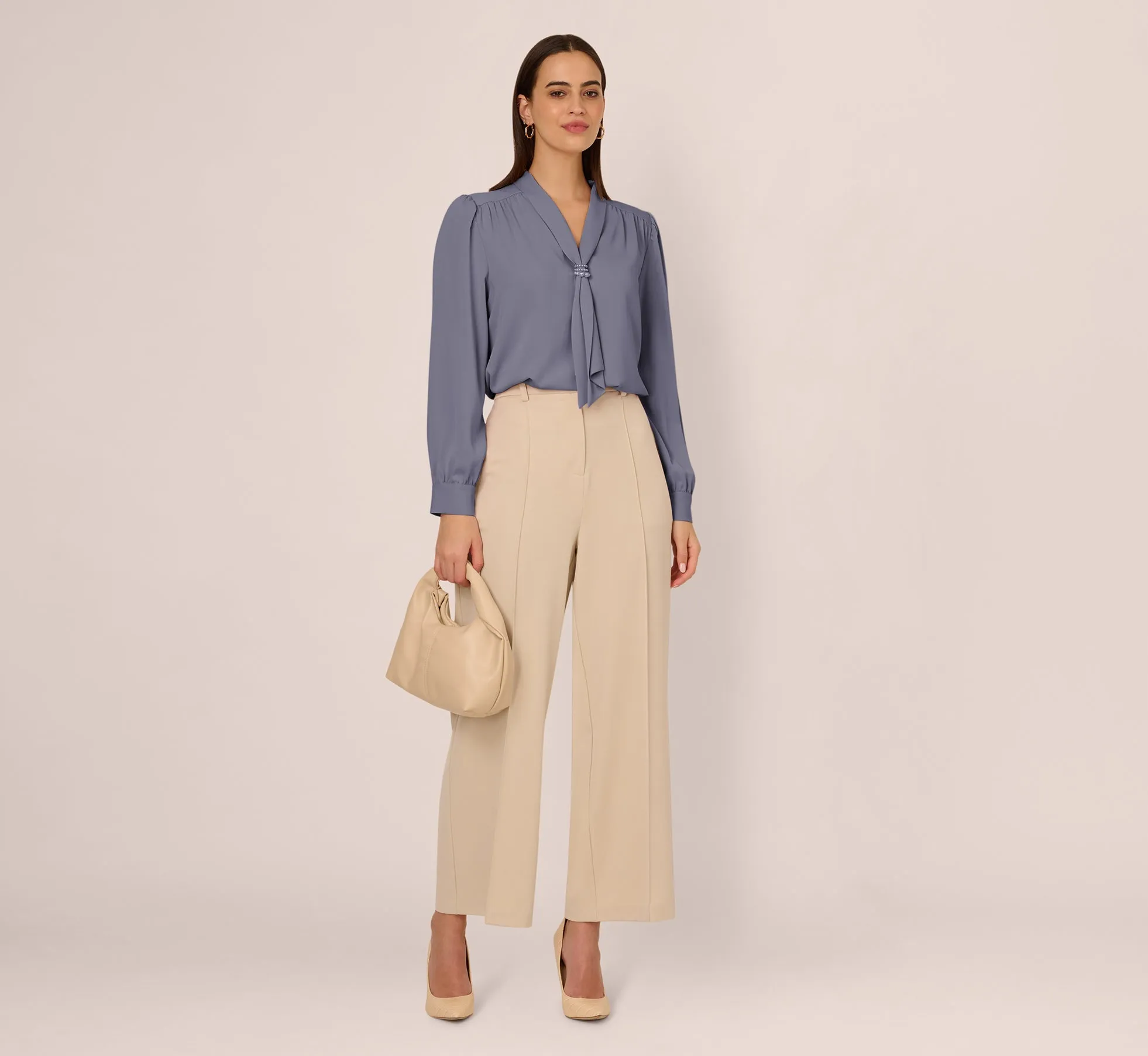 Long Sleeve Embellished Tie Collar Blouse In Dusty Blue