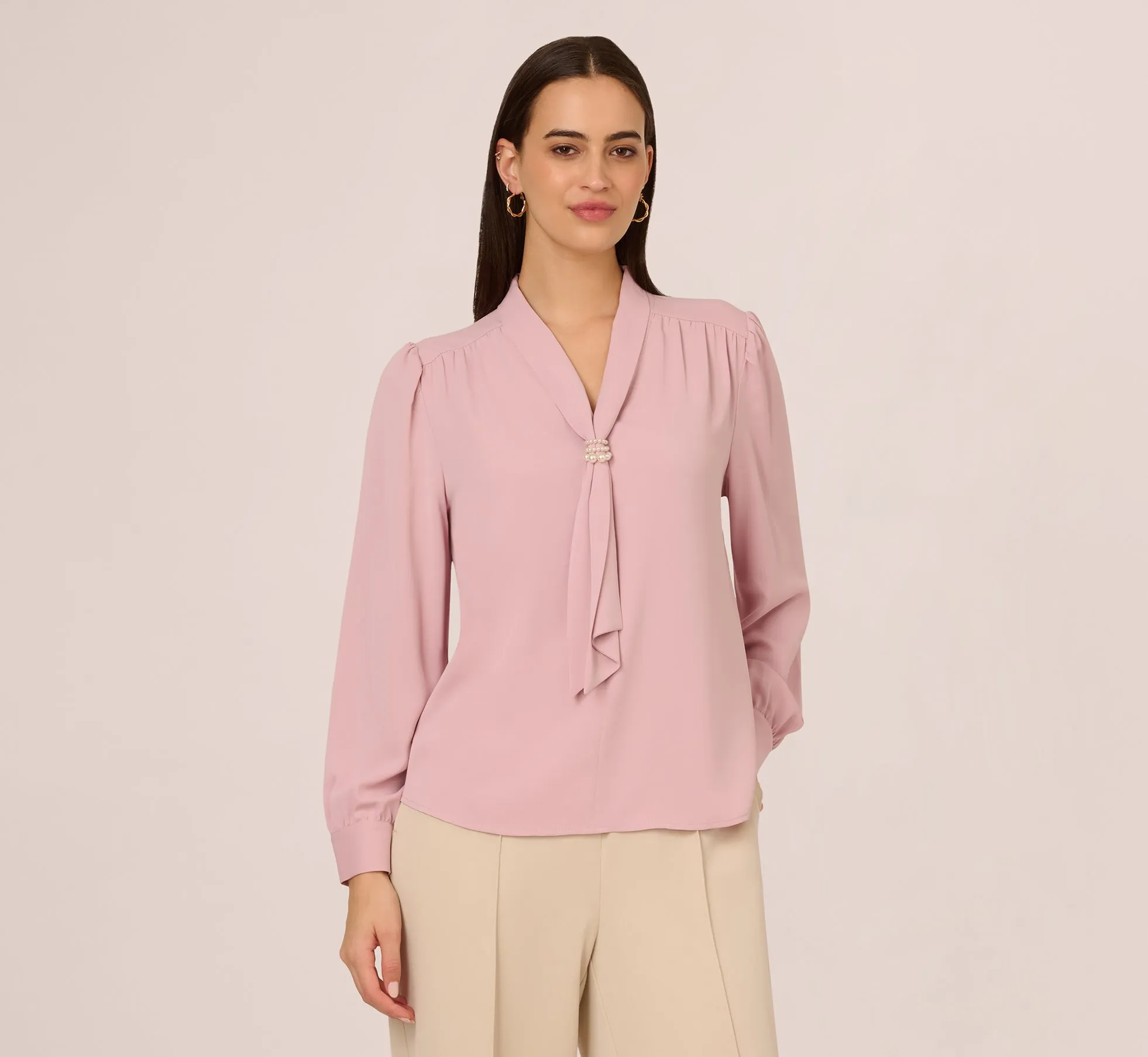 Long Sleeve Embellished Tie Collar Blouse In Lavender Beach
