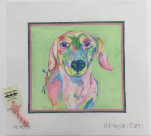 MC-PL-01 - Megan Carn Dachshund – pinks, blues and greens on light green
