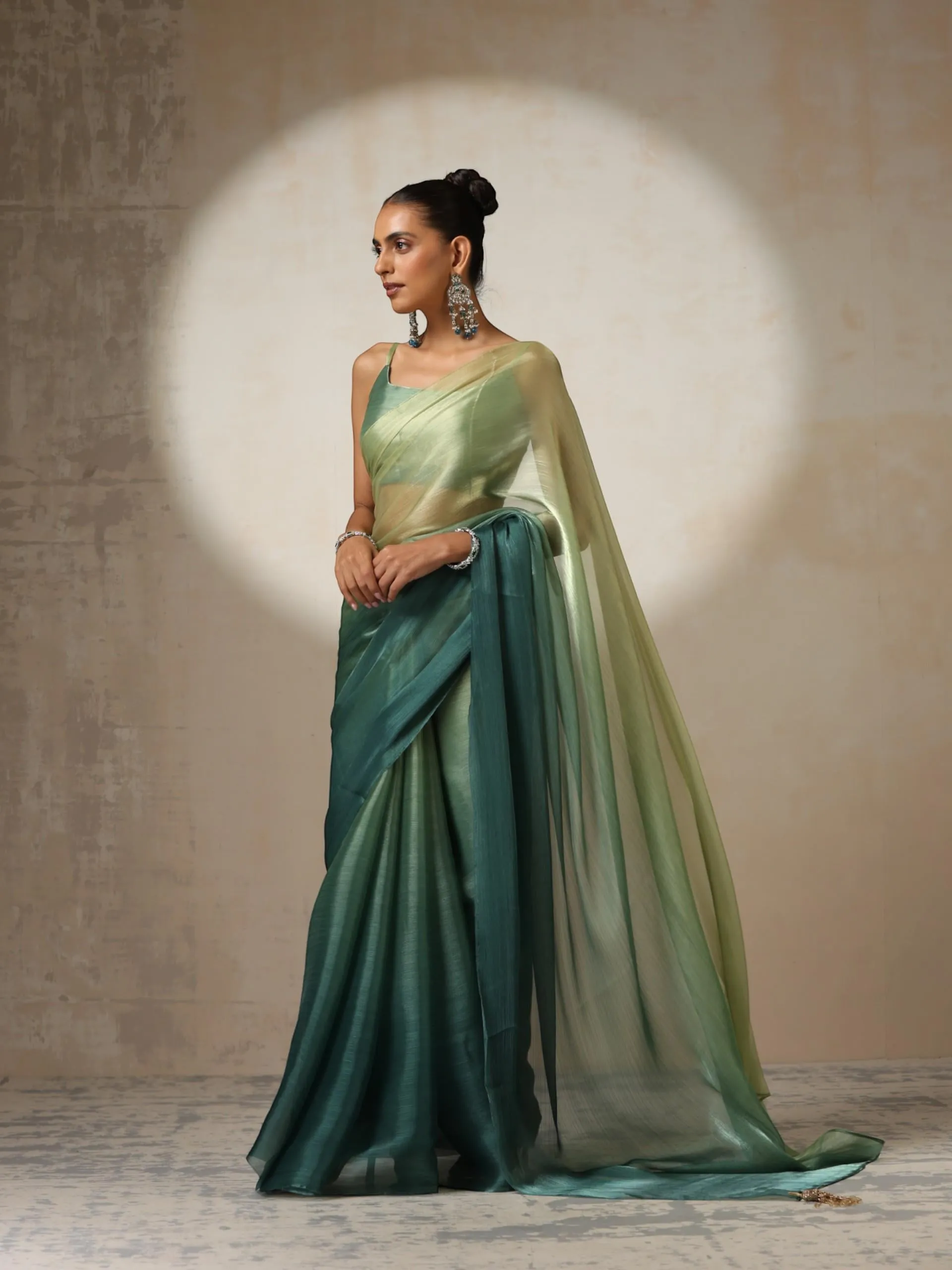 Offbeat Green Ombre Organza Saree with Pendants and Blouse Fabric