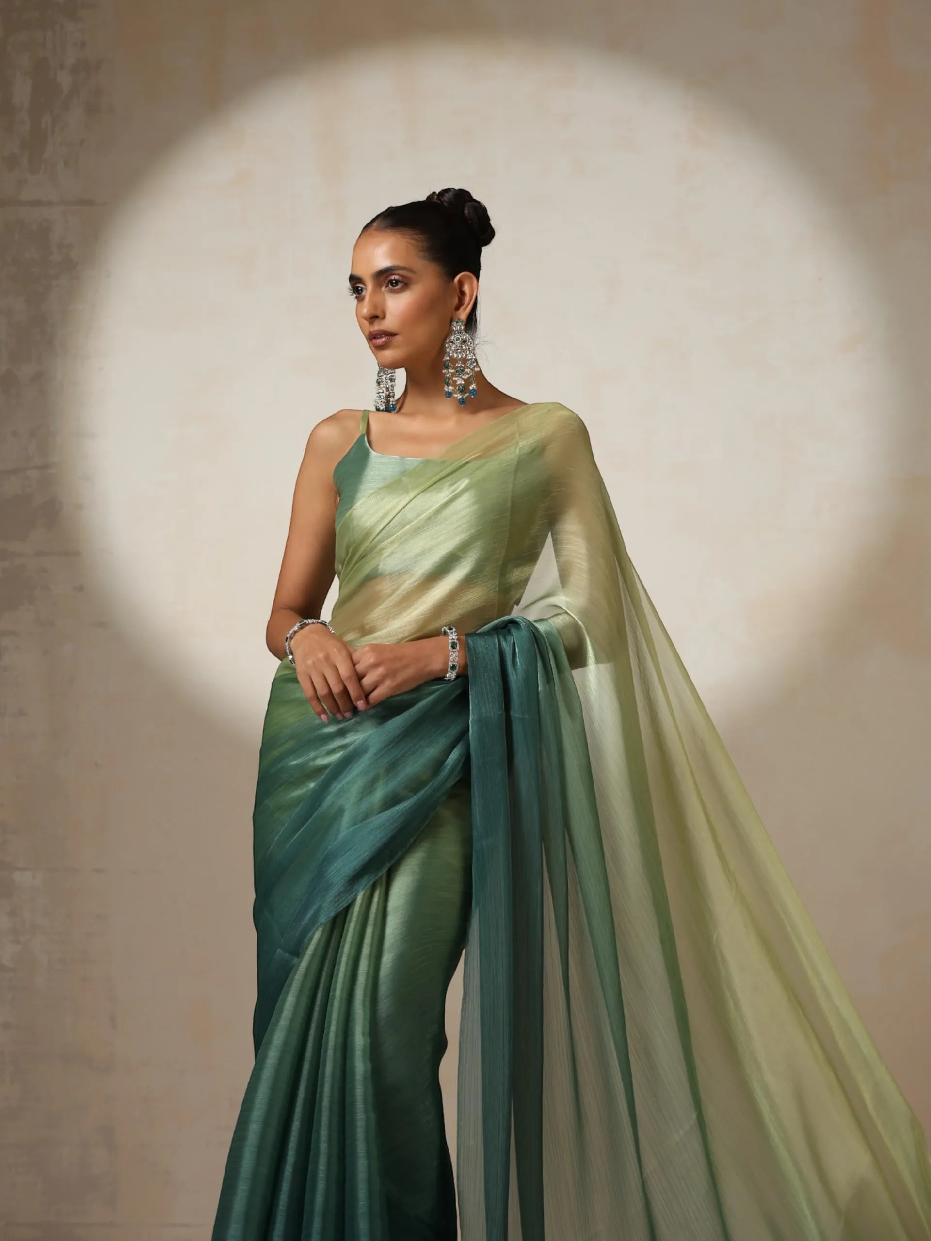 Offbeat Green Ombre Organza Saree with Pendants and Blouse Fabric